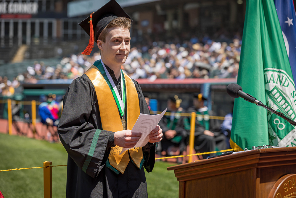 Student at Spring 2021 Commencement giving a speech 