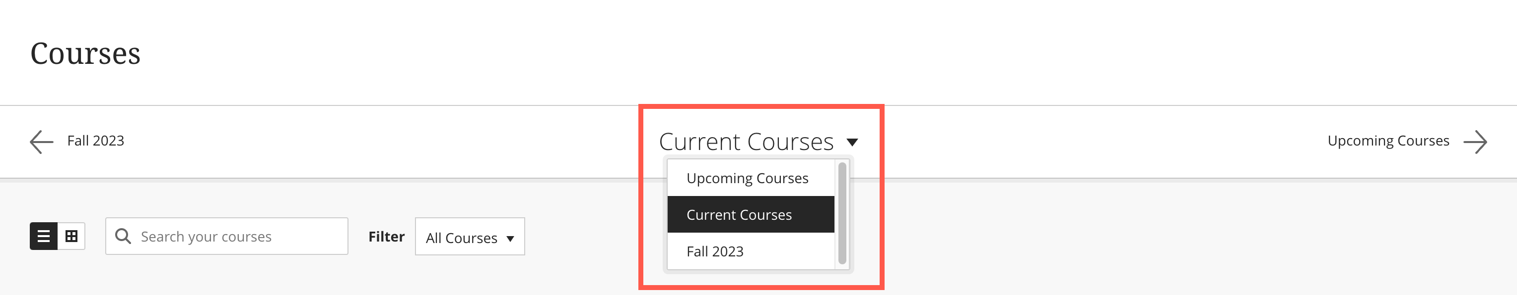 Image showing dropdown option on the Current Courses page