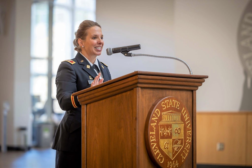 guest speakers at the Honoring Women Who Served event in the Student Center Atrium.?Attendees heard the experiences of women veterans during this special observance, which began with the traditional flag placement by military color guard and trumpet reg
